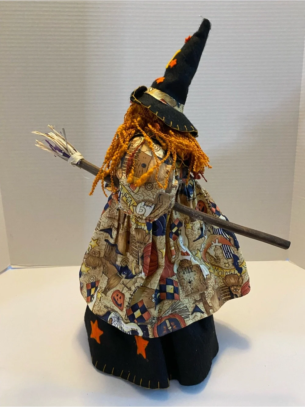 Vintage Witch With Broom Fabric Orange And Black Weighted Bottom Prima Creations